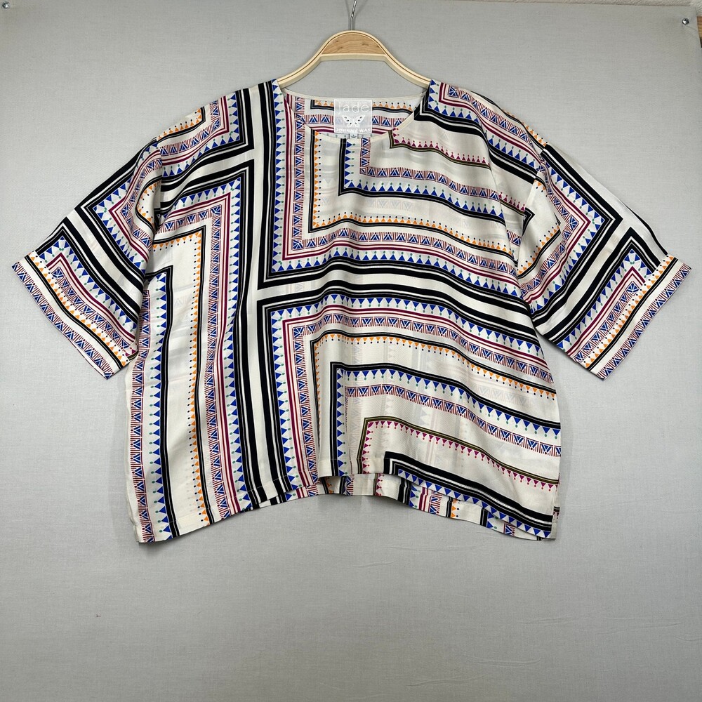 Boho Johnny Was Geometric Print Boxy Blouse V-Neck Short Sleeve L